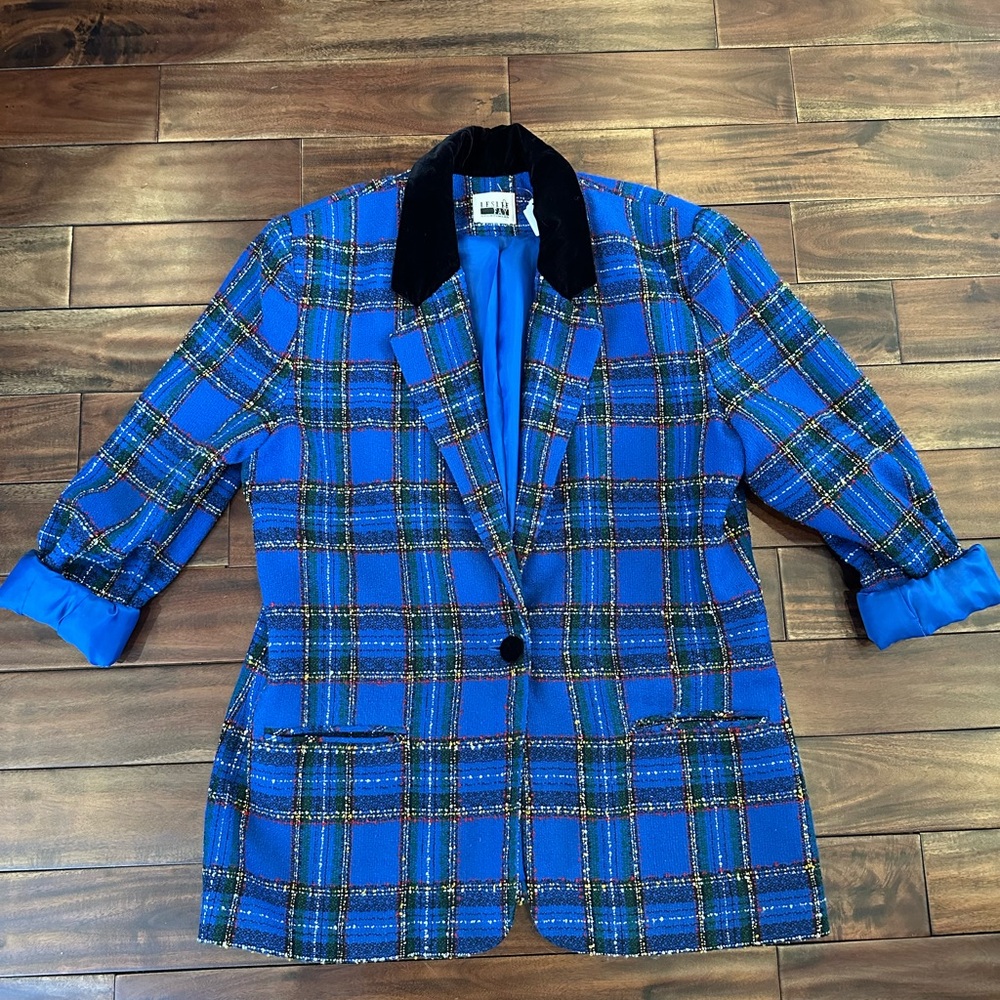 Vintage Blue Plaid Velvet Trim Blazer Leslie Faye Sz L/16 School Girl 1980s